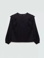 Bluzka dziewczęca z falbankami czarna Safie 906. Czarne bluzki dla dziewczynek Big Star, z aplikacjami, z denimu, bez kołnierzyka, bez ramiączek. W wyprzedaży za 29.99 zł.