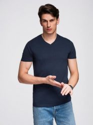 Męska klasyczna bawełniana koszulka z dekoltem w serek BASIC – granatowa V2 - Rozmiar: XXL. Niebieskie t-shirty męskie Ombre Clothing, m, bez wzorów, z bawełny, klasyczne, bez kołnierzyka. W wyprzedaży za 29.99 zł.