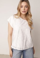 Biała Bluzka Bawełniana z Ażurowymi Wycięciami Ryrlea. Białe bluzki damskie Born2be, l, z aplikacjami, z bawełny, klasyczne, bez kołnierzyka, bez ramiączek. Za 69.99 zł.
