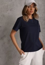 Granatowy Bawełniany T-shirt Ozdobiony po Bokach Rozcięciami Brinelle. Niebieskie koszule damskie Renee, m, bez wzorów, z bawełny, eleganckie, bez kołnierzyka. Za 39.99 zł.