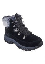 Trapery damskie, Trego - Snow Worries. Czarne śniegowce i trapery damskie Skechers, z materiału, przed kolano. Za 349.99 zł.