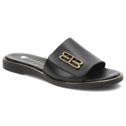 Czarne Klapki Armodo Modne Obuwie Damskie. Czarne klapki damskie Armodo, bez wzorów, ze skóry, eleganckie, bez obcasa. Za 299.00 zł.