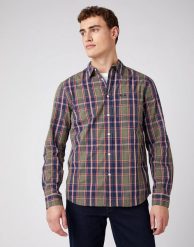 MĘSKA KOSZULA MATERIAŁOWA WRANGLER LS 1PKT SHIRT DUSTY OLIVE W5A14MX45 112141415. Zielone koszule męskie Wrangler, m, bez wzorów, z materiału, bez kołnierzyka, bez ramiączek. Za 129.99 zł.