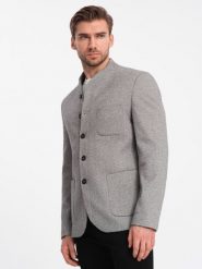 Stylowa marynarka męska bez klap - jasnoszara V1 - Rozmiar: XL. Szare marynarki męskie Ombre Clothing, bez wzorów, z materiału, eleganckie. W wyprzedaży za 149.99 zł.