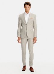 PAKO LORENTE - Beżowy garnitur męski w prążek. Brązowe marynarki męskie Pako Lorente, bez wzorów, z wełny, eleganckie. Za 2,999.98 zł.