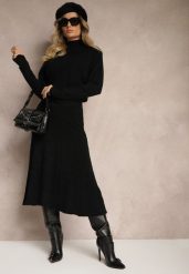 Czarny Dzianinowy Komplet w Tłoczony Wzór Sweter z Półgolfem i Rozkloszowana Spódnica Evaldira. Czarne spódnice damskie Renee, l, z aplikacjami, z dzianiny, eleganckie, proste. Za 129.99 zł.
