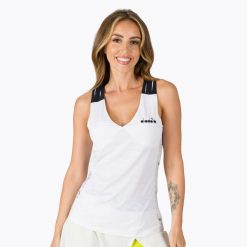 Koszulka tenisowa damska Diadora Clay. Białe koszulki sportowe damskie Diadora, m, bez wzorów, z elastanu, bez kołnierzyka, bez ramiączek, tenisowe. Za 129.99 zł.