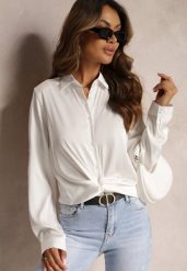 Biała Satynowa Koszula na Guziki Noccle. Białe bluzki damskie Renee, xl, bez wzorów, z satyny, eleganckie, bez kołnierzyka, bez ramiączek. Za 49.99 zł.
