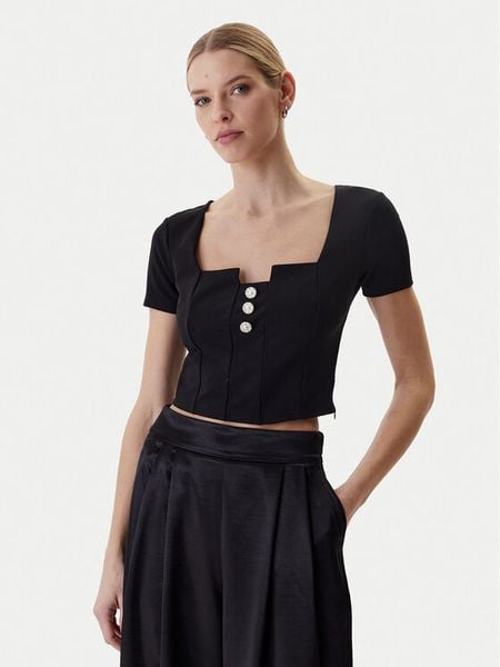 Guess Bluzka W6RP08 KCBO2 Czarny Classic Fit. Czarne bluzki damskie Guess, m, z aplikacjami, bez kołnierzyka, bez ramiączek. Za 264.99 zł.