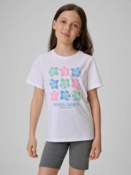 T-shirt regular z nadrukiem dziewczęcy 4F 4FJRSS26TTSHF3982. Białe t-shirty i topy dla dziewczynek 4f, bez wzorów, z bawełny, bez ramiączek. Za 34.99 zł.