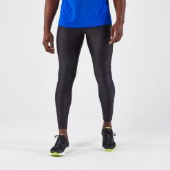 Legginsy do biegania męskie Kiprun Run 100 Dry. Czarne legginsy sportowe męskie KALENJI, l, bez wzorów, z elastanu, do biegania. Za 59.99 zł.