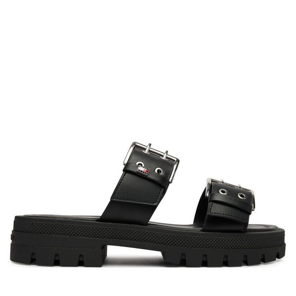 Klapki Tommy Jeans. Czarne klapki damskie Tommy Jeans, bez wzorów, z jeansu, bez obcasa. Za 238.99 zł.