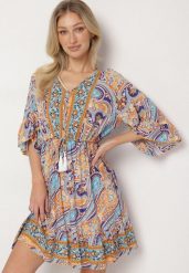 Jasnoniebieska Sukienka z Bawełny z Frędzlami i Wzorem Boho Cleamora. Niebieskie sukienki damskie Born2be, na co dzień, l, bez wzorów, z bawełny, boho, bez kołnierzyka, bez ramiączek, mini. Za 54.99 zł.