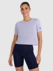 4F Koszulka treningowa crop-top szybkoschnąca damska - niebieska M. Niebieskie koszulki sportowe damskie 4f, m, w ażurowe wzory, z materiału, bez kołnierzyka, bez ramiączek, na fitness i siłownię. W wyprzedaży za 99.99 zł.