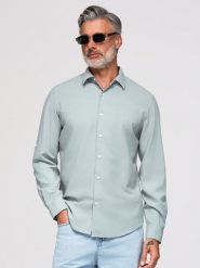 Męska wiskozowo-lniana koszula o kroju regular - pastelowa zieleń V4 - Rozmiar: M. Szare koszule męskie Ombre Clothing, m, bez wzorów, z denimu, biznesowe, bez kołnierzyka, bez ramiączek. Za 289.99 zł.