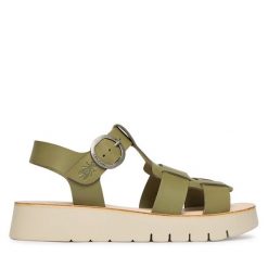 Sandały Fly London. Zielone sandały damskie Fly London, bez wzorów, bez obcasa, na płaskiej podeszwie, bez zapięcia. Za 505.99 zł.