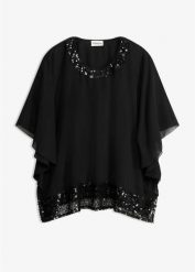 Bluzka oversize. Czarne bluzki damskie bonprix, bez wzorów, eleganckie, bez kołnierzyka, bez ramiączek. Za 149.99 zł.