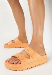 Pomarańczowe Klapki z Paskami ze Sprzączkami na Platformie Avalona. Brązowe klapki damskie Born2be, bez wzorów, eleganckie, bez obcasa, na platformie. Za 34.99 zł.