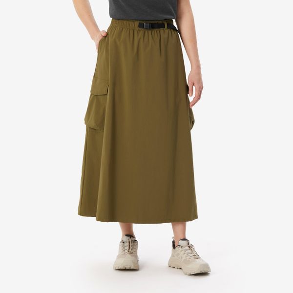 Spódnica turystyczna cargo długa. Zielone spódnice damskie QUECHUA, l, bez wzorów, z elastanu, maxi, rozkloszowane. Za 129.99 zł.