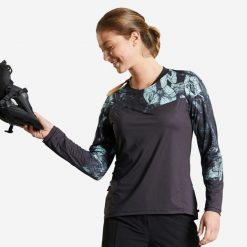 Bluza rowerowa damska Rockrider Expl 500 długi rękaw. Czarne bluzy sportowe damskie ROCKRIDER, m, bez wzorów, z materiału, bez kaptura, rowerowe. Za 99.99 zł.