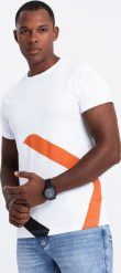Bawełniany t-shirt męski z kontrastowym dwukolorowym printem biały V2 OM-TSPT-0219 M. Białe t-shirty męskie Ombre, m, bez wzorów, z bawełny, bez kołnierzyka. Za 180.04 zł.