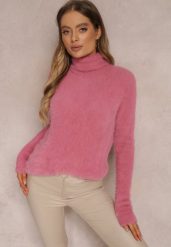 Ciemnoróżowy Golf Wełniany Cheki. Czerwone swetry damskie Renee, xl, bez wzorów, z tkaniny, bez kołnierzyka, bez ramiączek, długie, bez kaptura. Za 29.99 zł.