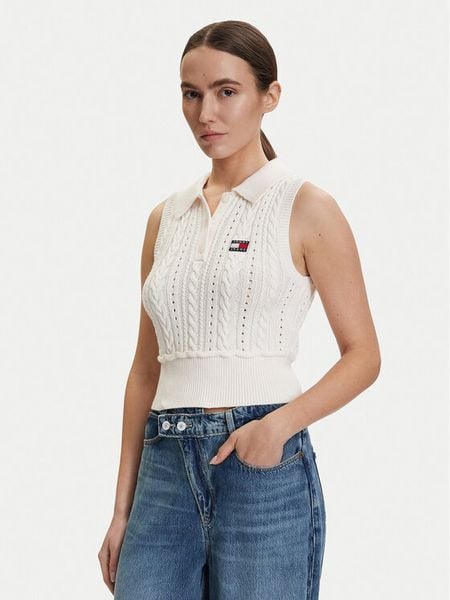 Tommy Jeans Sweter DW0DW22318 Biały Regular Fit. Białe swetry damskie Tommy Jeans, s, bez wzorów, z jeansu, bez kołnierzyka, bez ramiączek, bez kaptura. Za 449.99 zł.