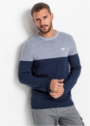 Sweter z gładkiej dzianiny we wzór colourblocking, z bawełną. Niebieskie swetry przez głowę męskie bonprix, l, bez wzorów, z bawełny, bez kołnierzyka. Za 104.99 zł.