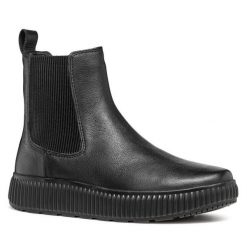 Sztyblety Geox. Czarne botki damskie Geox, bez obcasa, na płaskiej podeszwie, bez zapięcia. Za 459.99 zł.