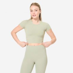 Koszulka do jogi i pilatesu Breathe. Zielone koszulki sportowe damskie DOMYOS, s, bez wzorów, z elastanu, bez kołnierzyka, bez ramiączek, na fitness i siłownię. W wyprzedaży za 49.99 zł.