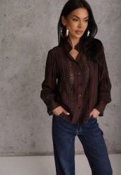 Brązowa Koszula ze Stójką i Koronką Phaeninca. Brązowe bluzki damskie Renee, l, bez wzorów, z koronki, eleganckie, bez kołnierzyka, bez ramiączek. Za 119.99 zł.