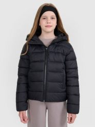 4F Kurtka puchowa z wypełnieniem syntetycznym dziecięca - czarna 146 (10-11 lat). Czarne kurtki i płaszcze dla chłopców 4f, bez wzorów, z puchu, klasyczne, bez kaptura. W wyprzedaży za 99.99 zł.