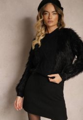 Czarny Sweter z Wełną o Fakturze Imitującej Pióra z Ozdobną Wstawką o Wzorzystym Splocie Mirirra. Czarne swetry damskie Renee, bez wzorów, z wełny, casualowe, bez kołnierzyka, bez ramiączek, długie, bez kaptura. Za 54.99 zł.