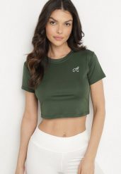 Ciemnozielony T-shirt Crop Top Ozdobiony Literką Koliviela. Zielone bluzki damskie Born2be, l, z aplikacjami, z jeansu, eleganckie, bez kołnierzyka. Za 29.99 zł.