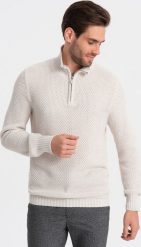 Ombre Sweter męski dzianinowy z rozpinaną stójką - kremowy V1 OM-SWZS-0105 XL. Białe swetry przez głowę męskie Ombre, m, bez wzorów, z dzianiny, bez kołnierzyka. Za 169.99 zł.