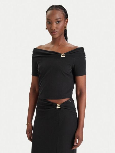 Guess Bluzka W6GP12 K2935 Czarny Regular Fit. Czarne bluzki damskie Guess, l, z aplikacjami, bez kołnierzyka, bez ramiączek. Za 201.99 zł.