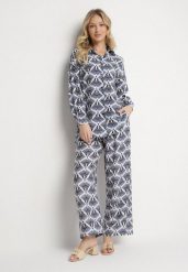 Niebieski Komplet z Wiskozą w Etniczny Wzór Szerokie Spodnie i Koszula Elezaria. Niebieskie koszule damskie Born2be, l, z aplikacjami, z materiału, eleganckie, bez kołnierzyka, bez ramiączek. Za 139.99 zł.