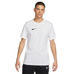 Koszulka sportowa męska Nike Drifit Park 20. Białe koszulki sportowe męskie Nike, m, bez wzorów, z bawełny, bez kołnierzyka, bez ramiączek, na fitness i siłownię, dri-fit (nike). Za 125.70 zł.