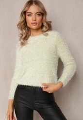 Miętowy Sweter z Puchatego Gładkiej Materiału z Okrągłym Dekoltem i Długim Rękawem Klarrilo. Zielone swetry damskie Renee, na jesień, bez wzorów, z elastanu, casualowe, bez kołnierzyka, bez ramiączek, długie, bez kaptura. Za 54.99 zł.