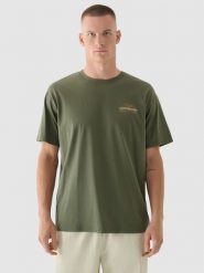 4F T-shirt oversize z nadrukiem męski - khaki L. Brązowe koszulki sportowe męskie 4f, l, bez wzorów, z bawełny, klasyczne, bez kołnierzyka. W wyprzedaży za 39.99 zł.