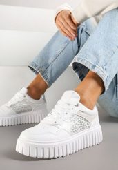 Białe Sneakersy na Platformie z Tłoczeniem Ozdobione Panterką i Perforacją Udivaya. Białe obuwie sportowe damskie Renee, bez wzorów, z jeansu. Za 79.99 zł.