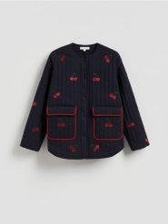 Bawełniana kurtka z haftem - granatowy. Niebieskie kurtki damskie Reserved, l, bez wzorów, z bawełny, bez kaptura. Za 279.99 zł.