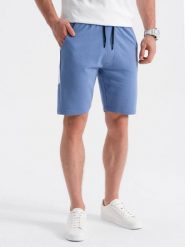 Szorty męskie dresowe z lampasem - niebieskie V3. Niebieskie szorty męskie Ombre Clothing, m, bez wzorów, z bawełny. W wyprzedaży za 39.99 zł.