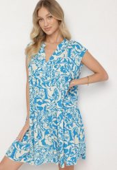 Niebieska Bawełniana Sukienka o Kroju Oversize w Ornamentny Wzór Izelona. Niebieskie sukienki damskie Born2be, na co dzień, l, bez wzorów, z bawełny, klasyczne, bez kołnierzyka, bez ramiączek, mini, oversize. Za 49.99 zł.
