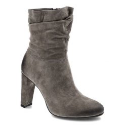 Szare Botki Carinii Eleganckie Skórzane Buty. Szare botki damskie Carinii, na wiosnę, z nubiku, eleganckie, bez obcasa, na słupku, bez zapięcia. Za 259.00 zł.