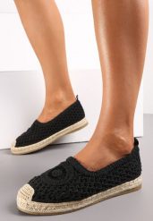 Czarne Espadryle na Plecionej Podeszwie z Ażurową Cholewką przed Kostkę Olloh. Czarne espadryle damskie Renee, w ażurowe wzory, z jeansu, bez obcasa, bez zapięcia. Za 74.99 zł.
