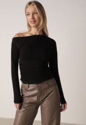 Czarna Bluzka z Bawełną i Wiskozą Ozdobiona Marszczeniem Alexareo. Czarne koszule damskie Born2be, l, bez wzorów, z bawełny, bez kołnierzyka, bez ramiączek. Za 79.99 zł.