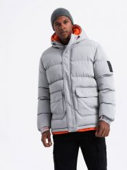 Sportowa ciepła męska kurtka z podwójnym kapturem – szara V3 OM-JAHP-0208 - XXL. Szare kurtki męskie Ombre Clothing, l, z aplikacjami, z materiału, sportowe. W wyprzedaży za 199.99 zł.