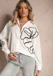 Biała Koszula z Bawełny z Ozdobną Aplikacją z Kwiatami Frolreia. Białe bluzki damskie Renee, z aplikacjami, z bawełny, eleganckie, bez kołnierzyka, bez ramiączek. Za 74.99 zł.
