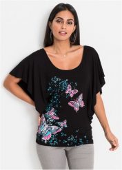 Shirt. Czarne bluzki damskie bonprix, bez wzorów, eleganckie, bez kołnierzyka, bez ramiączek. Za 79.99 zł.